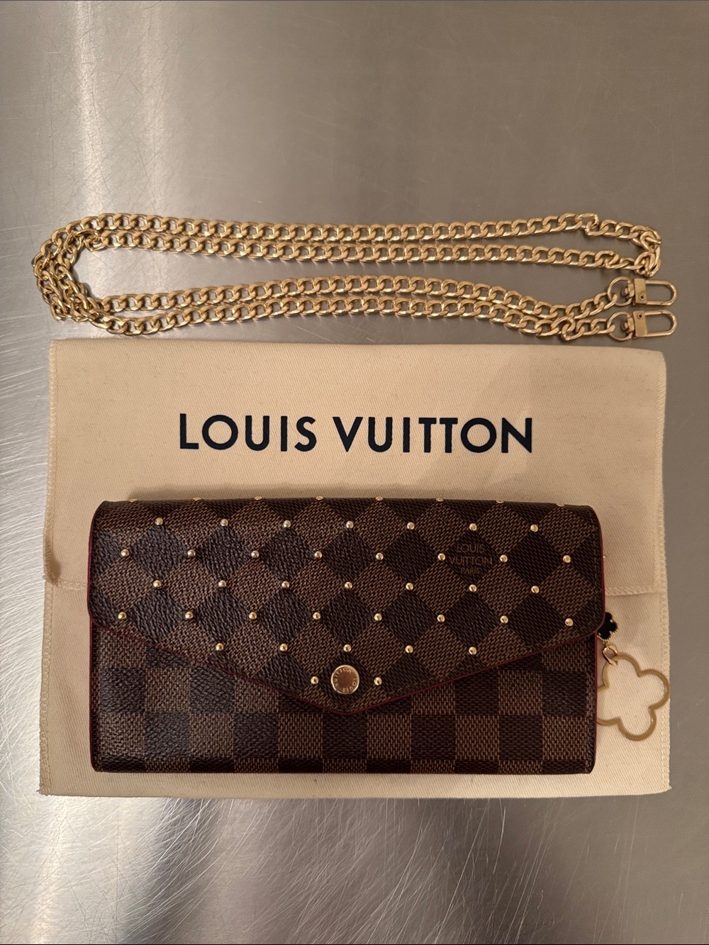 Louis Vuitton Brown Checkered Clutch with Gold Chain